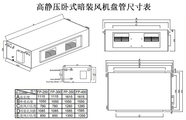 高静压卧式暗装(zhuāng)风机盘管尺寸表